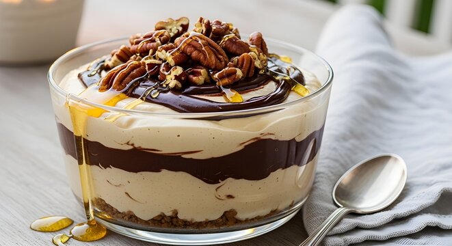 Delicioso helado de vainilla con trozos de chocolate, nueces y espirales de caramelo