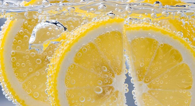 Un primer plano vibrante de rodajas de naranja fresca sumergidas en agua carbonatada con gas.
 La imagen est&aacute; llena de brillantes tonos naranja dorado y numerosas peque&ntilde;as burbujas de aire adheridas a