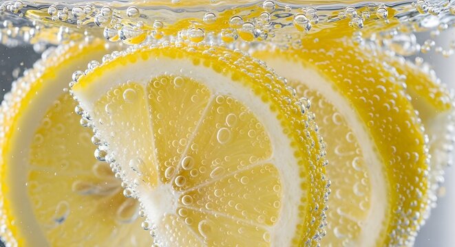 Un primer plano vibrante de rodajas de naranja fresca sumergidas en agua carbonatada con gas.
 La imagen est&aacute; llena de brillantes tonos naranja dorado y numerosas peque&ntilde;as burbujas de aire adheridas a
