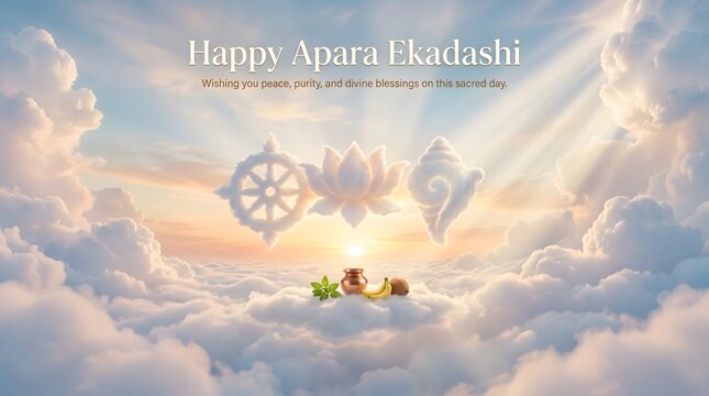 Spiritual apara ekadashi greeting with dharma wheel lotus and conch symbols floating in sky