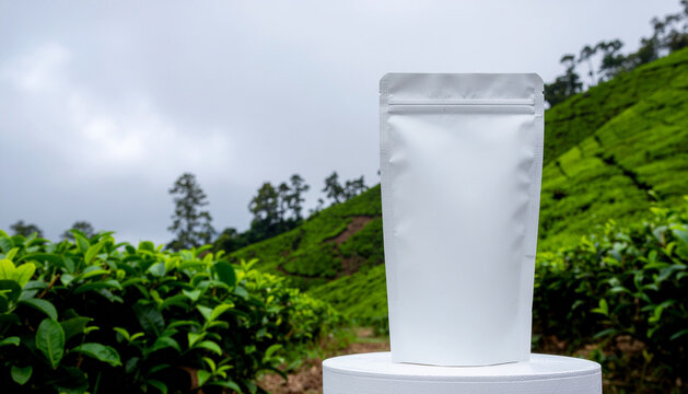 Blank white pouch packaging mockup placed on a stone with a lush green tea plantation background