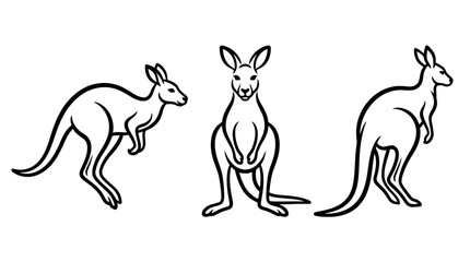 Fototapeta premium Three Distinct Kangaroo Outlines in Black and White, Isolated.