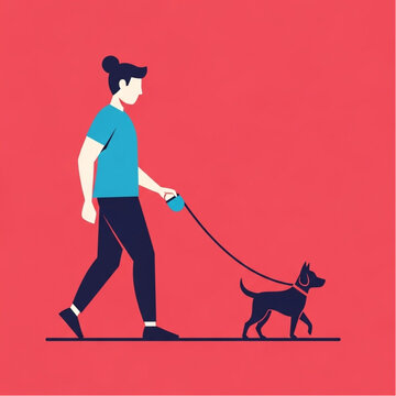Woman Walking Dog on Leash Illustration.
