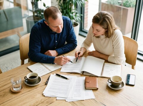 Business partners reviewing documents and discussing terms over coffee at a table, symbolizing negotiation, contract analysis, consulting collaboration, agreement planning, and trusted partnership