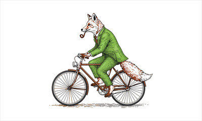 Obraz premium Fox wearing a green suit riding a vintage bicycle with a pipe