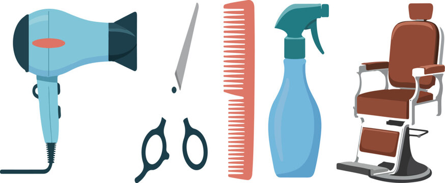 Barbershop and hairdresser tools set with hairdryer, scissors, comb, spray bottle and barber chair, flat cartoon vector illustration