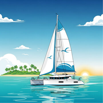White Catamaran Sailboat Sailing on Calm Waters.