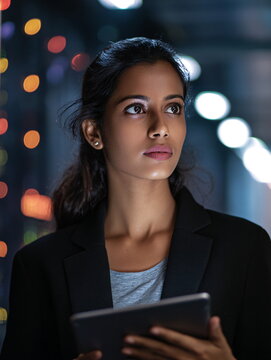Focused young South Asian woman analyzing cybersecurity data with tablet at night