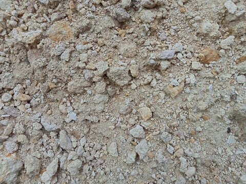 Close-up texture of dry arid limestone soil with rocks and sand.