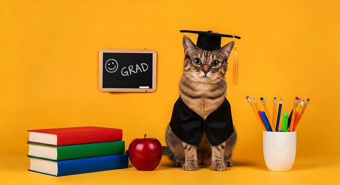 Tabby cat wearing graduation cap and gown sits beside books and pencils