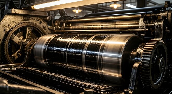 A large industrial machine with metal gears and rollers in a factory setting