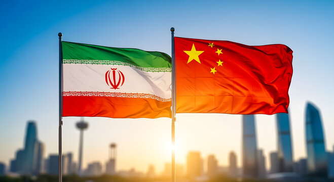 Iranian and Chinese Flags Waving Against Clear Blue Sky with City Skyline at Sunset