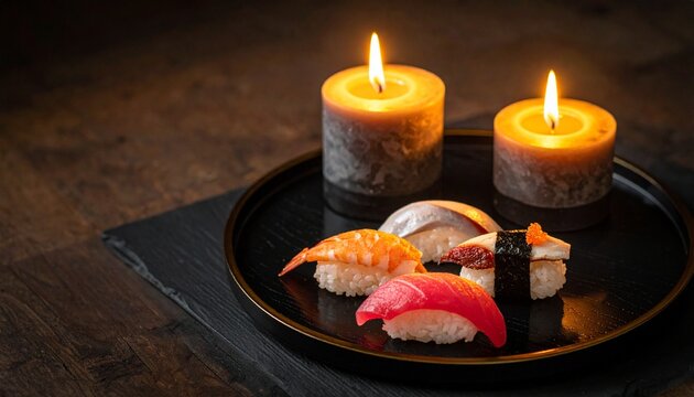 握り寿司・和ろうそく・漆塗り・高級和食・黒漆器・料亭・幻想的・日本の美／Nigiri sushi with Japanese washi candle and lacquer ware, luxury Japanese fine dining, elegant traditional tableware, premium washoku restaurant atmosphere