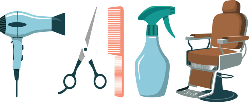Barbershop and hairdresser tools set with hairdryer, scissors, comb, spray bottle and barber chair, flat cartoon vector illustration