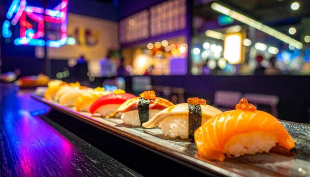 握り寿司・深夜・カウンター・ネオン・都市・夜の和食/Nigiri sushi at late-night counter, neon light urban atmosphere, sophisticated nightlife Japanese food