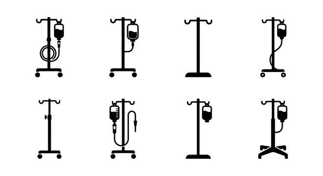 Medical IV pole icons set, hospital intravenous drip stand vector collection, black silhouette saline bag equipment for healthcare infographics