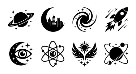 Celestial space icons set, 8 black vector astronomy symbols, mystical galaxy and rocket ship graphics, cosmic moon and planet illustrations for UI design © Samir