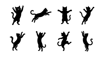 Black cat silhouette collection, set of 8 jumping and dancing kitten vectors, playful feline silhouettes in active poses for pet branding © Samir
