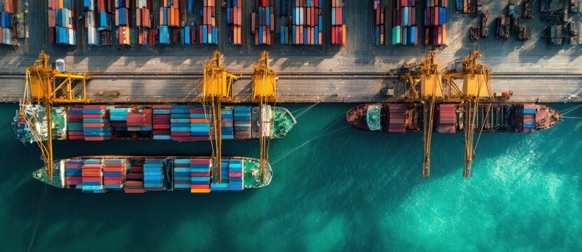 Large container ship docked at port with multicolored shipping containers and yellow cranes for cargo loading and unloading