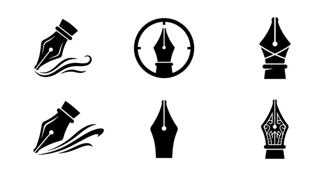 Minimalist fountain pen nib icons, set of 6 black ink pen tip vectors, elegant calligraphy and writing tool symbols for branding and logo design