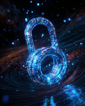 Glowing digital padlock in intricate luminous blue light, representing data security and cyber protection