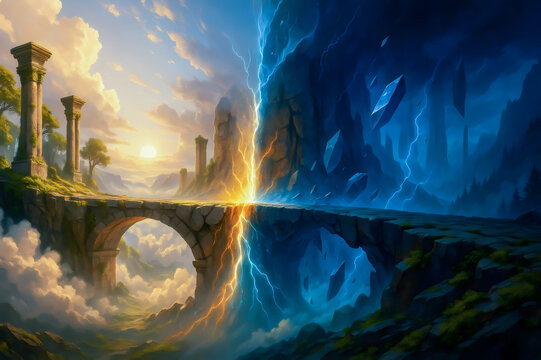 Fantasy bridge connecting good and evil worlds with lightning