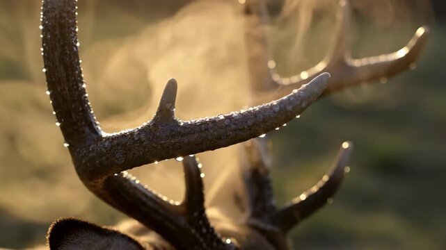 Close up of a majestic deer antler covered in water droplets in nature