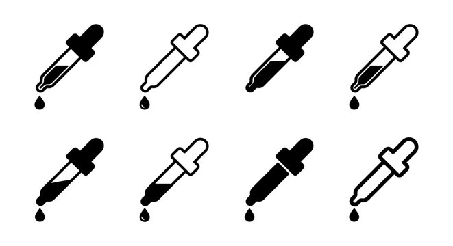 Minimalist dropper icon set, 8 black and white pipette vector symbols, medical laboratory liquid tools, skincare and essential oil dropper graphics