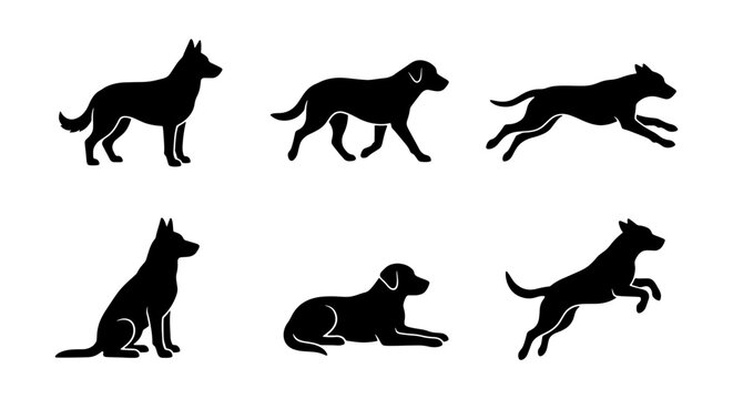 Black dog silhouette set of 6 vector icons, canine pet animal in various poses, standing sitting running and jumping dog silhouettes for logo design