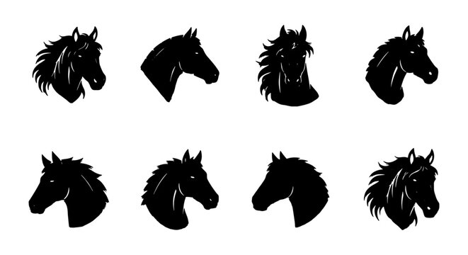 Black horse head silhouettes set, 8 equine profile vector icons, minimalist stallion and mare portraits, equestrian sport logo design elements