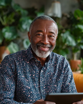 Smiling senior Black man with gray beard happily using digital tablet at home