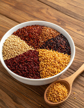 Assembling highly aesthetic colorful leftover cleanout meal bowl using perfectly separated leftover roasted grains.