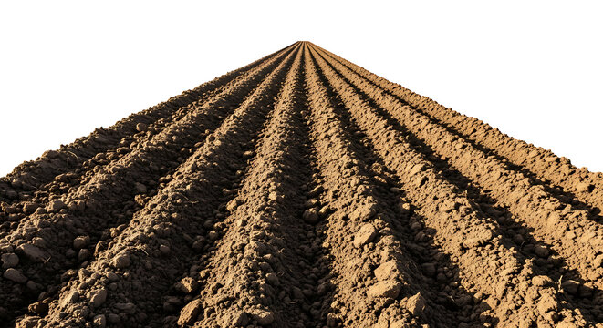 Plowed agricultural field with rich soil and straight furrows stretching to horizon