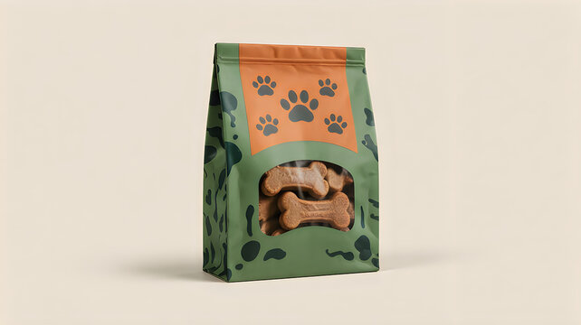 Green bag of dog treats with bone shaped snacks inside