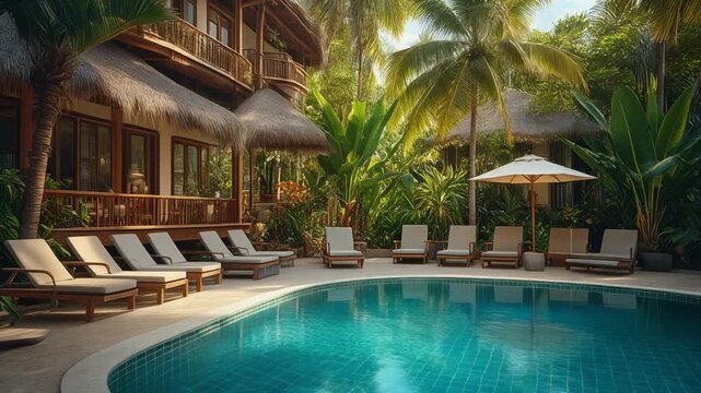Tropical resort pool with lounge chairs and palm trees surrounding a serene vacation oasis