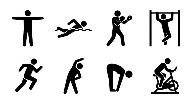 Fitness and sport icons set, black stick figure athlete silhouettes, 8 workout and exercise vector symbols for gym and wellness infographics