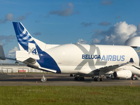 Airbus Beluga XL 4 cargo aircraft with open nose door for loading at NTE Nantes Atlantique Airport