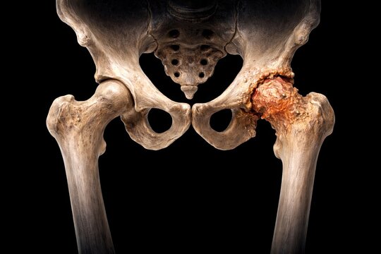 Hip osteoarthritis, showing joint degeneration with cartilage loss, osteophytes and deformed femoral head, detailed pelvis and proximal femur anatomy, generative ai illustration