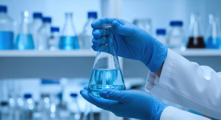 Fototapeta premium A hand in a blue glove holding a beaker