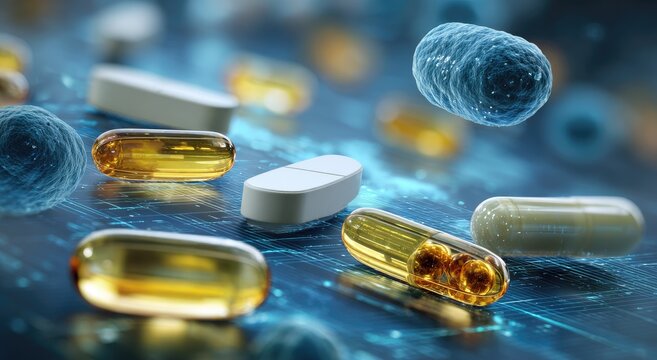 Microscopic view of blue cells interacting with pharmaceutical capsules and pills