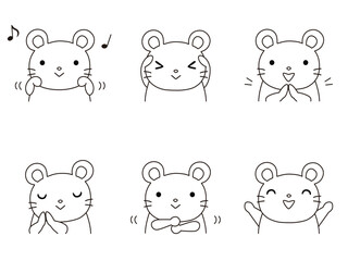 Obraz premium 手遊びをするネズミのイラストセット 線画