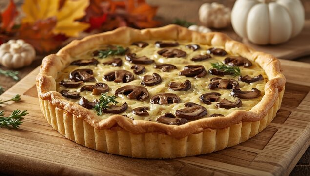 Open tart pie with morel mushrooms, onions, and mozzarella on a wooden board.