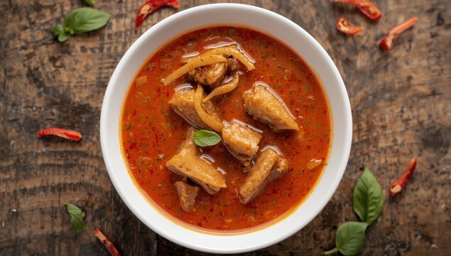 Overhead shot of pork Panang curry in a white bowl on a wooden table. Thai cuisine.