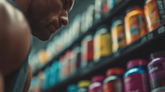 Man browsing colorful gym supplements on store shelves in a health and fitness shop