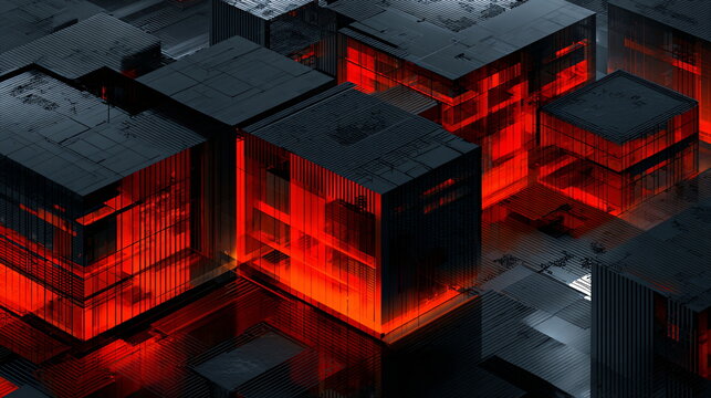 A high-tech isometric office complex with modular cubicles glowing red in a futuristic cityscape