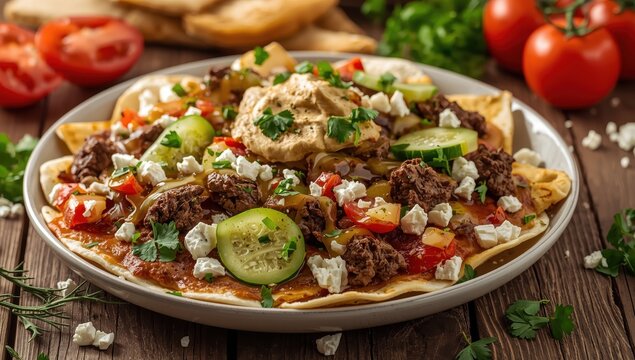 Pita nachos with lamb, hummus, feta, and cucumber.