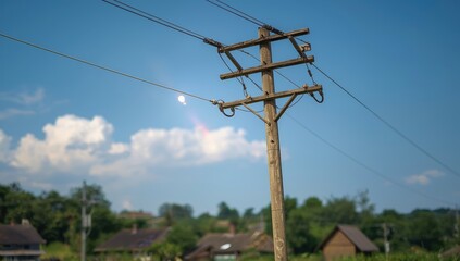 Obraz premium Power lines on a village pole, community energy network.