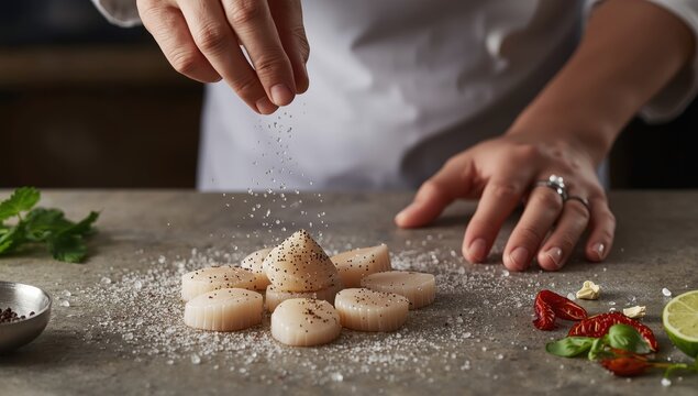 Prepping raw scallops with seasoning prior to cooking