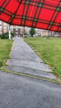 View of a grassy park area with trees visible under a red checkered umbrella, summer rain is falling
