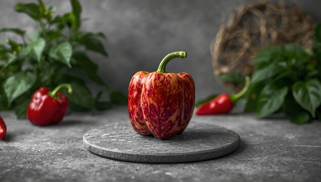 Red marbled dream catcher chili on a gray tarp with a gray backdrop.